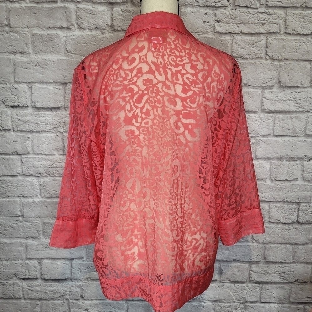 Hearts of Palm pink coral sheer burnout fabric button front 3/4 sleeve top sz 12 - Picture 7 of 8